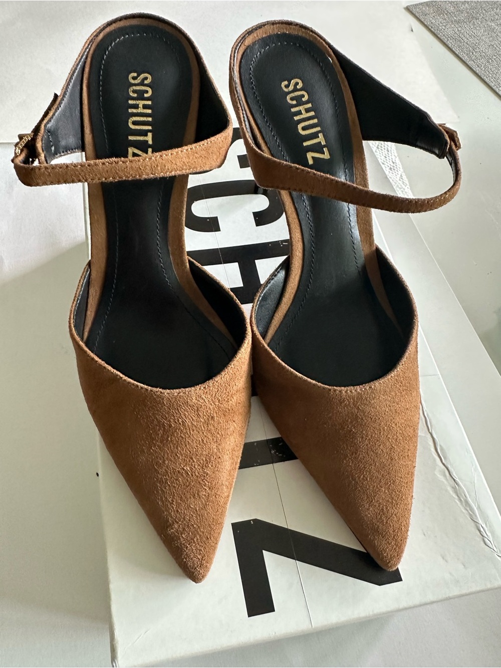 SCHUTZ Brown Suede Pointed-Toe Slingback Heels - Picture 2 of 5